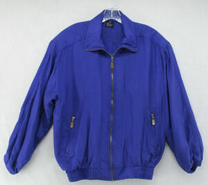 VTG FUDA International Jacket Womens Medium Blue Quilted Padded Shoulders Silk